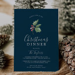 Invitation Dîner de Noël dans la verdure | Marine<br><div class="desc">Cette carte d'invitation bleue pour le dîner de Noël est parfaite pour un événement de vacances simple. Le design des vacances d'hiver est composé d'une branche blanche d'aquarelle verte à la sauge douce avec des branches de baies rouges classiques.</div>