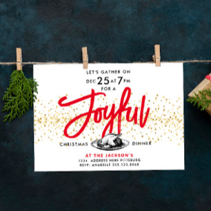 Invitation Dîner de Noël Dinde Joie Or Rouge Moderne Script