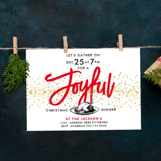 Invitation Dîner de Noël Dinde Joie Or Rouge Moderne Script