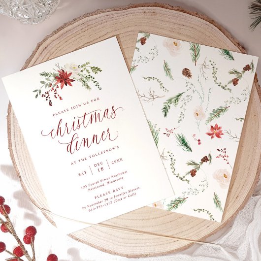 Invitation Dîner de Noël élégant écriture aquarelle