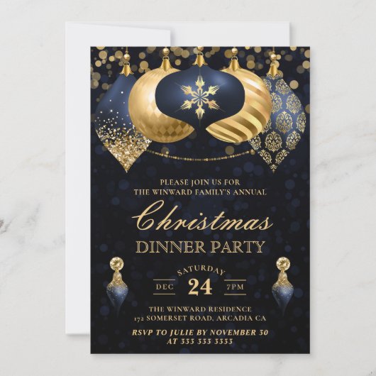 Invitation Dîner de Noël Elegant Marine & Gold Baubles (Devant)