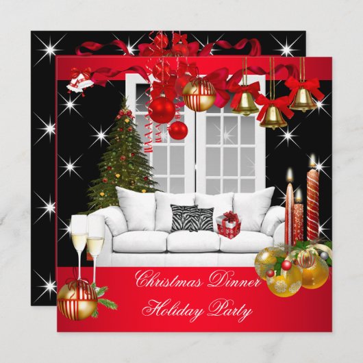 Invitation Dîner de Noël Fête Rouge Blanc (Devant / Derrière)