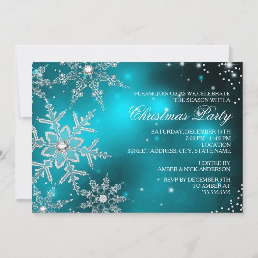 Invitation Dîner de Noël Flocon de Neige Cristal Sarcelle (Devant)