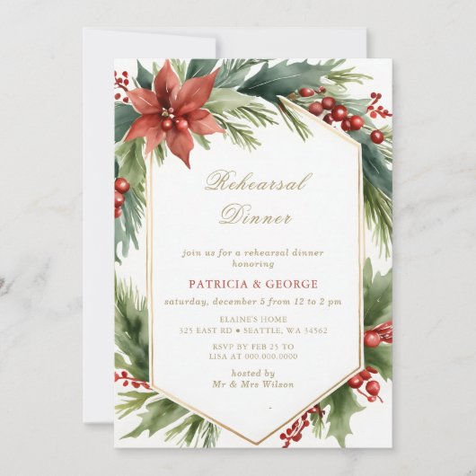 Invitation Dîner de Noël Floral Gold Vert (Devant)