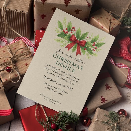Invitation Dîner de Noël Holly & Red Bow -