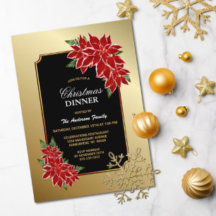 Invitation Dîner de Noël Poinsettia Or Bordée Noire
