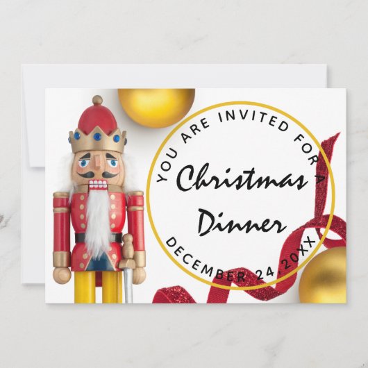 Invitation Dîner de Noël rouge Eve Blanc Nutcracker en or (Devant)
