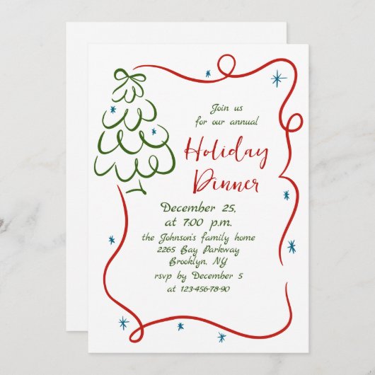 Invitation Dîner de Noël Whimsical à la main (Devant / Derrière)