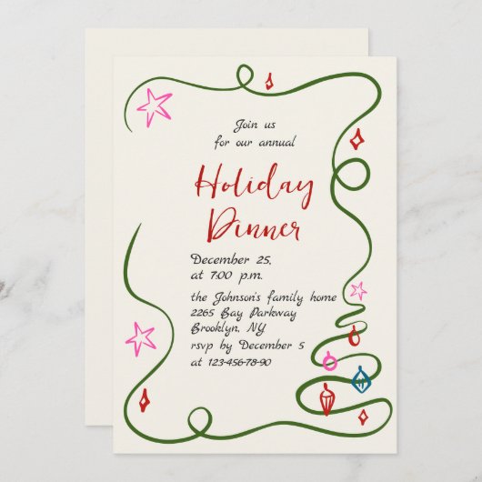 Invitation Dîner de Noël Whimsical à la main (Devant / Derrière)