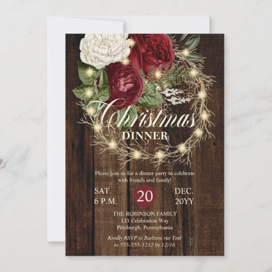 Invitation Dîner de Noël - Wreath tressée rustique (Devant)