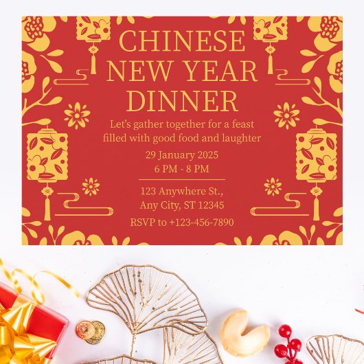 Invitation Dîner de Nouvel An chinois rouge et or élégant