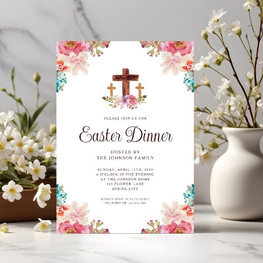 Invitation Dîner de Pâques croix florale élégante