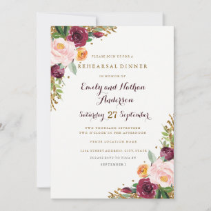 Invitation Dîner de Parties scintillant Florale de Bourgogne