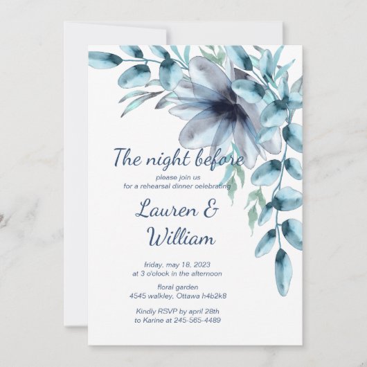 Invitation Dîner de répétition à fleurs bleues (Devant)