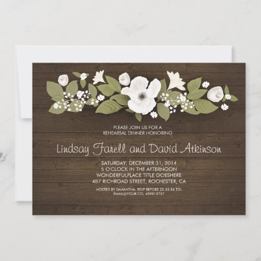 Invitation dîner de répétition à fleurs en bois rustique (Devant)