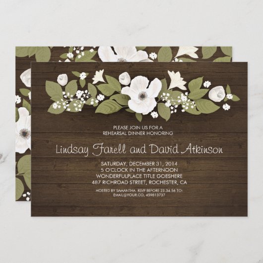 Invitation dîner de répétition à fleurs en bois rustique (Devant / Derrière)