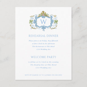 Invitation Dîner de répétition à monogramme de crête bleu roc