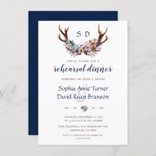 Invitation Dîner de répétition Antlers Dusty Blue Rose Flor