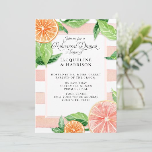 Invitation Dîner de répétition Aquarelle Citrus Pink Grapefru (Debout devant)