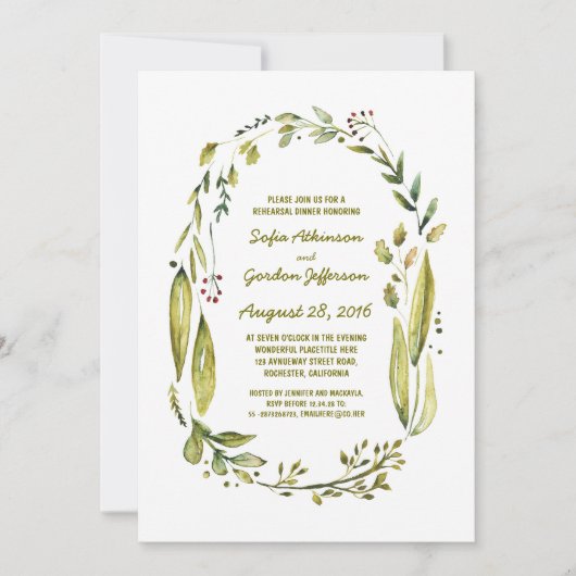 Invitation dîner de répétition aquarelle laurier rustique (Devant)