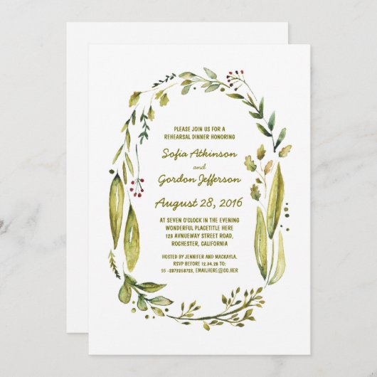 Invitation dîner de répétition aquarelle laurier rustique (Devant / Derrière)