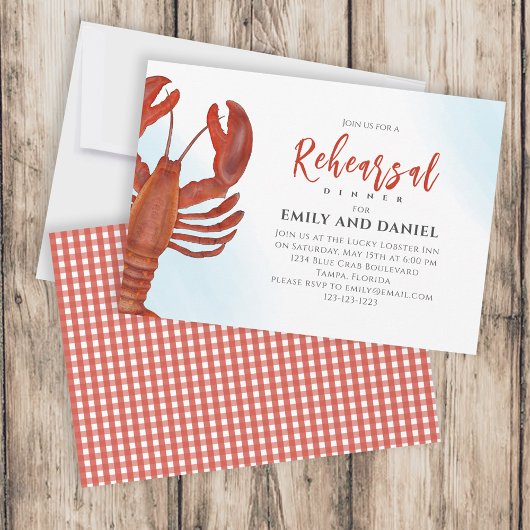 Invitation Dîner de répétition aquarelle Rouge Homard Côtier