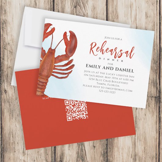 Invitation Dîner de répétition aquarelle Rouge Homard QR Code