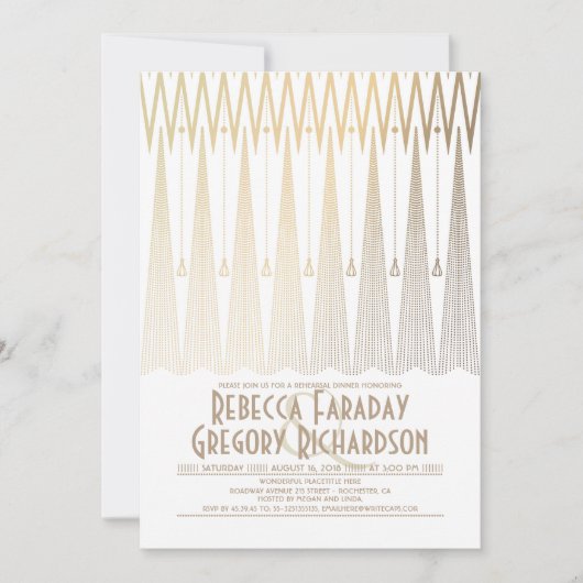 Invitation Dîner de répétition Art déco blanc et or Gatsby (Devant)