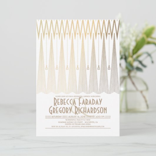Invitation Dîner de répétition Art déco blanc et or Gatsby (Debout devant)