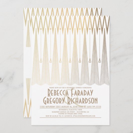 Invitation Dîner de répétition Art déco blanc et or Gatsby (Devant / Derrière)