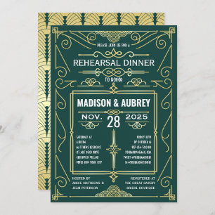 Invitation Dîner de répétition Art Déco Mariage Gold Dark Gre
