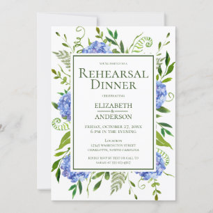 Invitation Dîner de répétition aux hortensias bleus