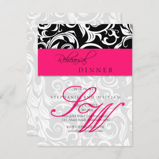 Invitation Dîner de répétition avec un monogramme rose chaud (Devant / Derrière)