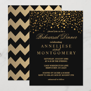 Invitation Dîner de répétition Black and Gold Confetti