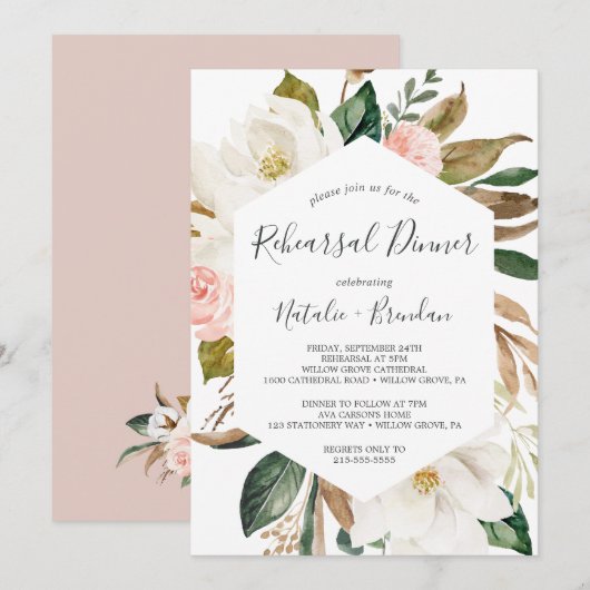 Invitation Dîner de répétition blanc et blanc élégant de Magn (Devant / Derrière)