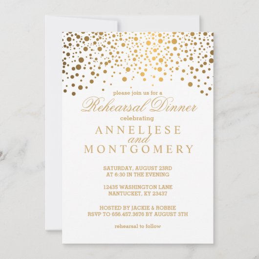 Invitation Dîner de répétition blanc et or Confetti (Devant)