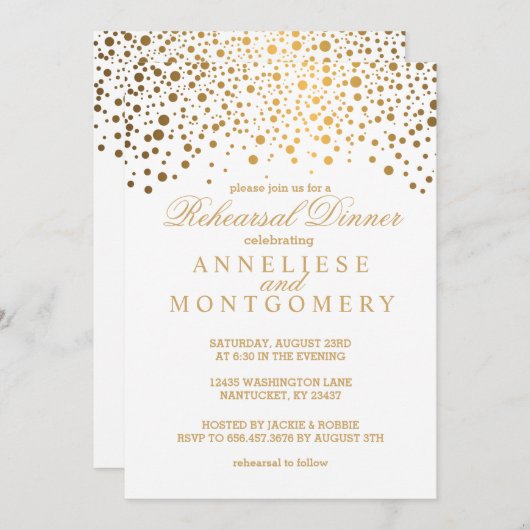 Invitation Dîner de répétition blanc et or Confetti (Devant / Derrière)