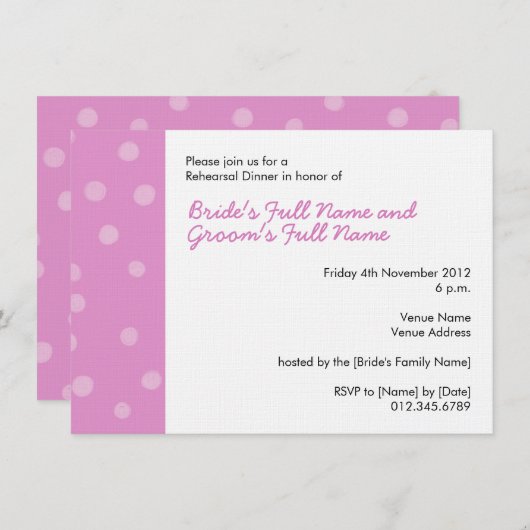 Invitation Dîner de répétition blanc rose avec points peints (Devant / Derrière)