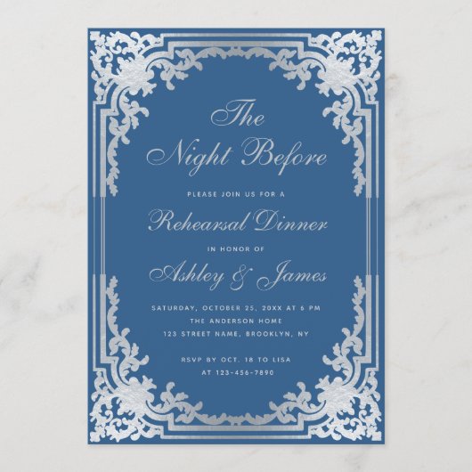 Invitation Dîner de répétition bleu classique faux argent vin (Devant)