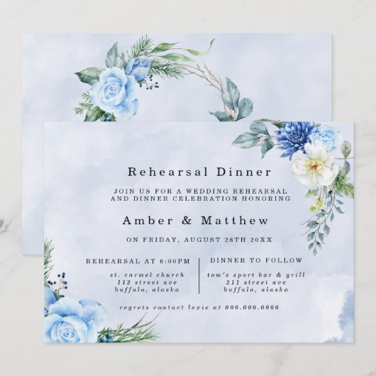 Invitation Dîner de répétition bleu floral Dusty Navy (Devant / Derrière)