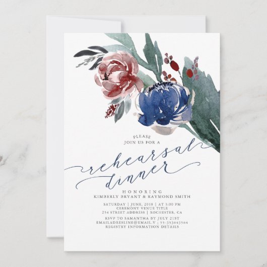 Invitation Dîner de répétition bleu marine et rouge bordeaux (Devant)
