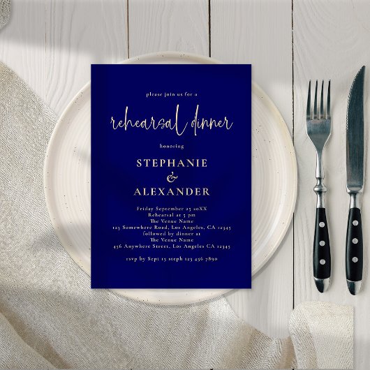 Invitation Dîner de répétition bleu marine moderne Script Gol