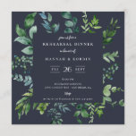 Invitation Dîner de répétition bleu marine Rustic Forest Foli<br><div class="desc">Cadre rustique de feuillage forestier aquarelle,  invitation à dîner de répétition mariage. La carte est dotée d'un style moderne typographie blanche,  modèle et arrière - plans de couleur bleu marine.</div>