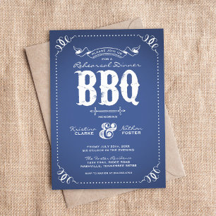 Invitation Dîner de répétition bleu rustique BBQ
