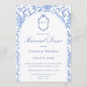 Invitation Dîner de répétition Blue Floral Chinoiserie Monogr