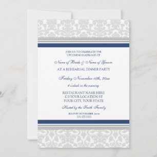 Invitation Dîner de répétition Blue Grey Damask