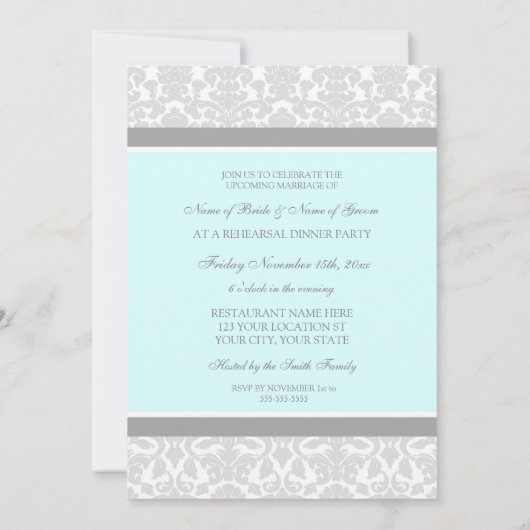 Invitation Dîner de répétition Blue Grey Damask (Dos)