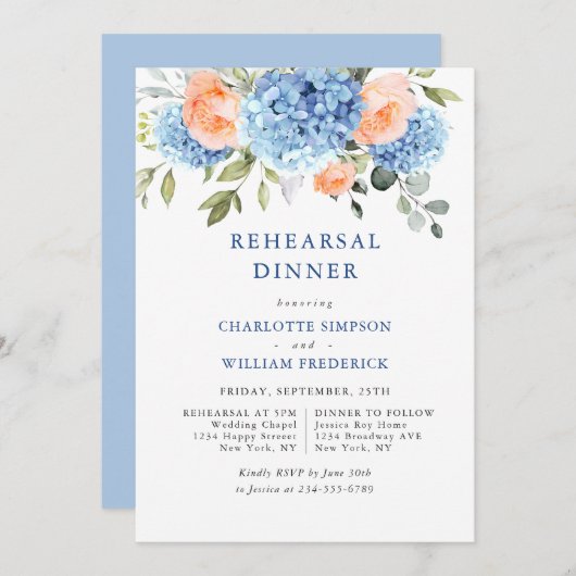 Invitation Dîner de répétition Blue Hydrangea Blush Rose Rose (Devant / Derrière)