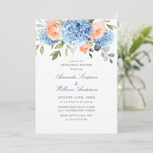 Invitation Dîner de répétition Blue Hydrangea Blush Rose Rose (Debout devant)
