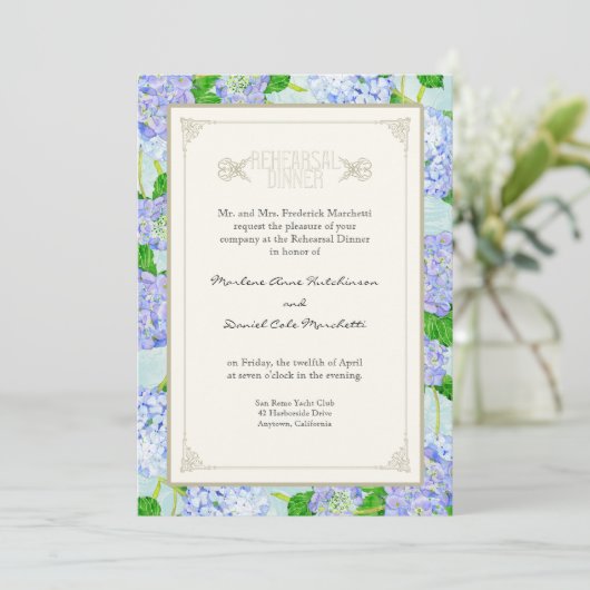 Invitation Dîner de répétition - Blue Hydrangea Lace Floral (Debout devant)